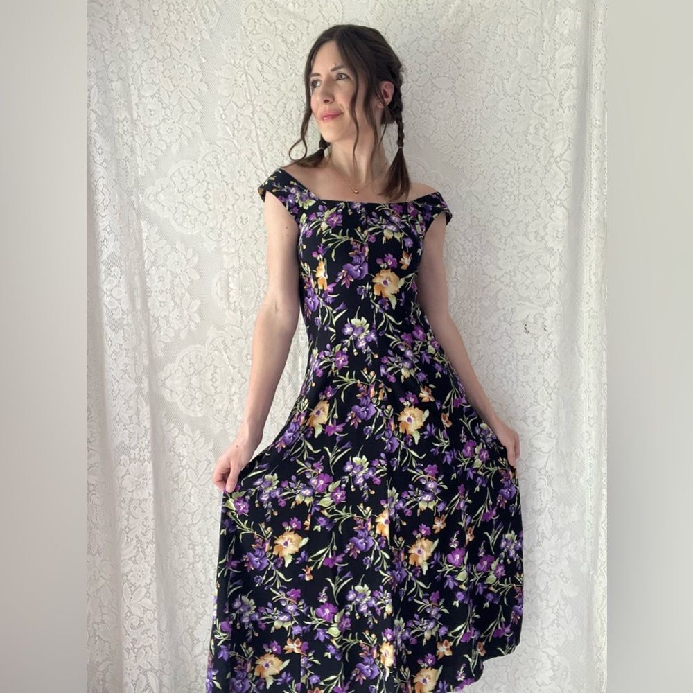 Vintage 80s All That Jazz Black Floral Midi Dress Crisscross Back Size 7/8 - Picture 16 of 16